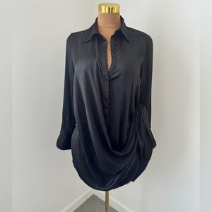Black Satin Wrap Shirt Dress